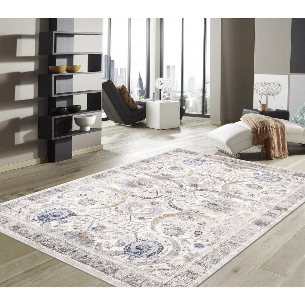 Off-White Easy Care Synthetic 4' x 6' Rectangular Area Rug