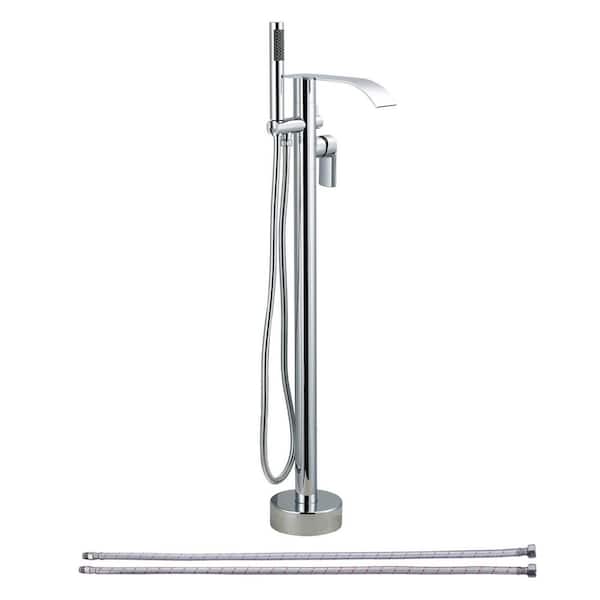 2-Handle Freestanding Tub Faucet with Hand Shower and Waterfall Spout in Polished Chrome