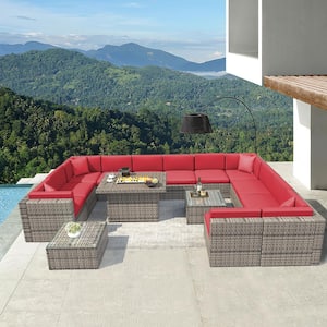 15-Piece Wicker Patio Conversation Set with Red Cushions/Steel Fire Pit