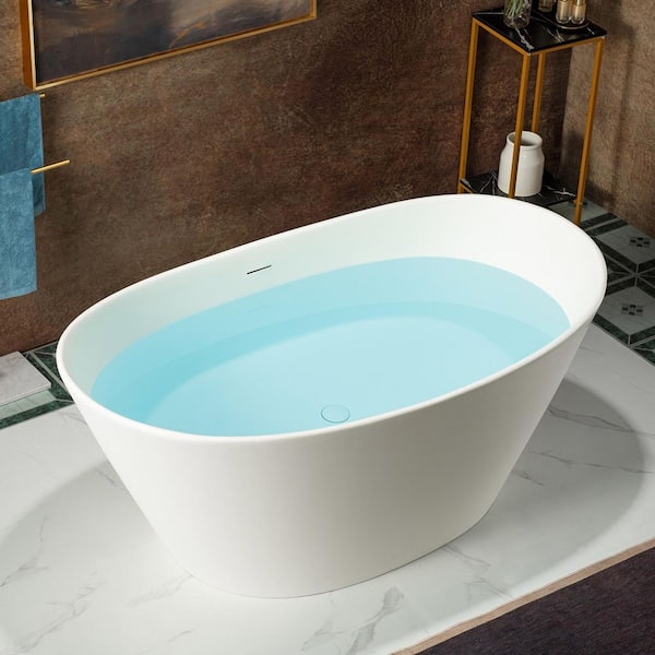 59 in. x 33.5 in. Solid Surface Stone Resin Freestanding Soaking Bathtub With Center Drain in Matte White