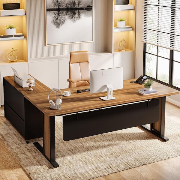 Capen 63 in. Brown and Black Wood L-Shaped Executive Desk and Mobile File Cabinet Business Furniture Set for Home Office