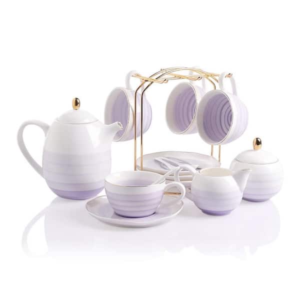 16 Piece Porcelain Tea Set Purple Gold Rim with Teapot Sugar Bowl Cream Pitcher Cups Saucers Spoons Infuser