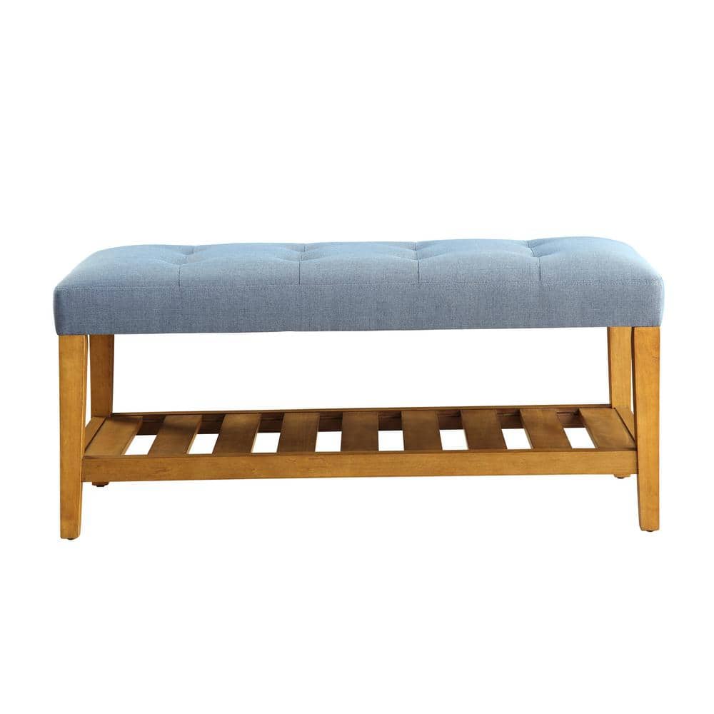 Blue Tufted Upholstered Bench with Oak Storage Shelf