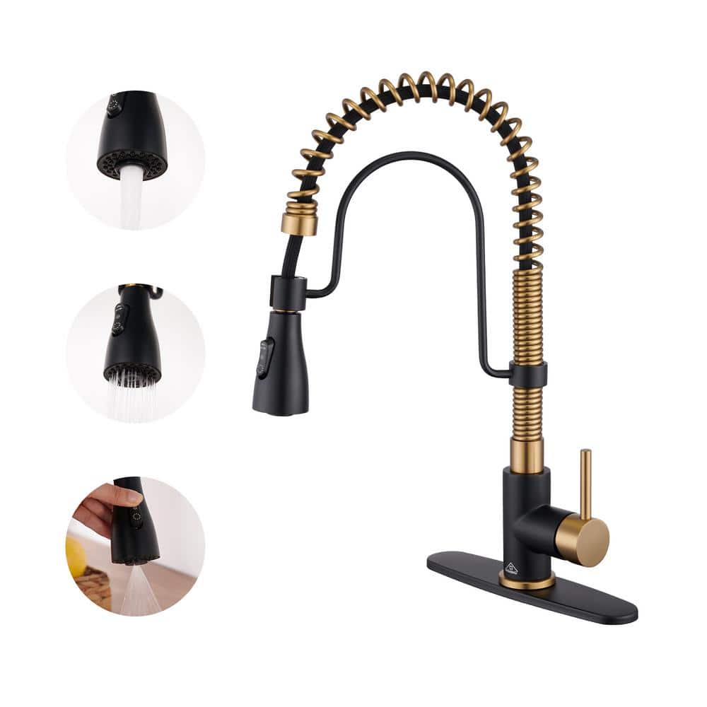 Matte Black and Brushed Gold Stainless Steel Pull Down Kitchen Faucet