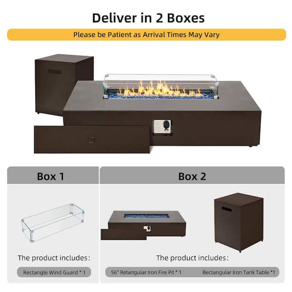56 in. Rectangular lron Outdoor Fire Pit Table with Tank Cover, Lid, Wind Guard and Rain Cover in Brown