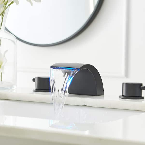 Widespread LED Bathroom Waterfall Basin Faucet Tub Sink Mixer Tap Matte Black 