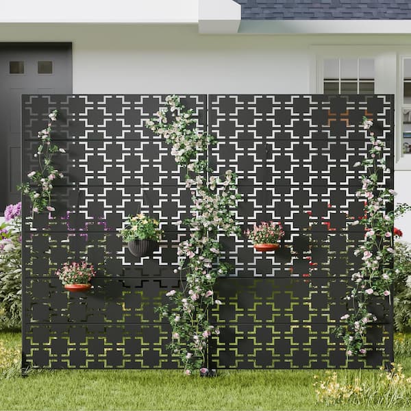 2-Piece 47 in. x 72 in. Black Textured Metal Garden Screens Outdoor 6-Panels Room Divider