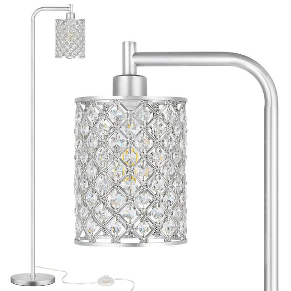 67 in. Modern Silver Arc Floor Lamp with Crystal Lampshade Pedal Switch Standing Lamp for Living Room, LED Bulb Included