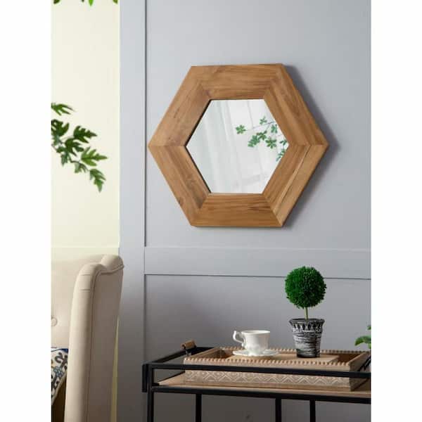 Natural 18.5 in W x 18.5 in H Modern Hexagon Teak Wood Framed Mirror