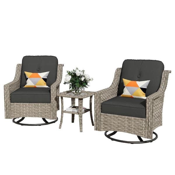 Eureka Grey 3-Piece Wicker Outdoor Patio Conversation Swivel Rocking Chair Seating Set with Black Cushions