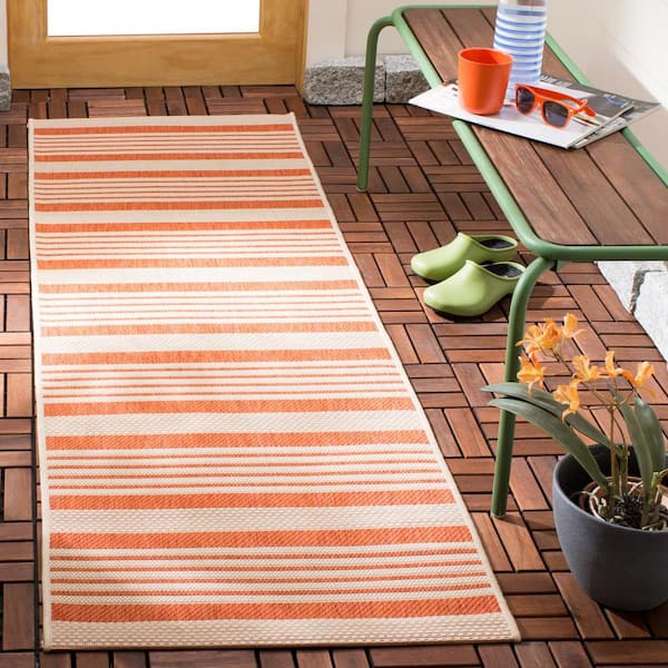 Courtyard Terracotta/Beige 2 ft. x 7 ft. Striped Indoor/Outdoor Patio  Runner Rug