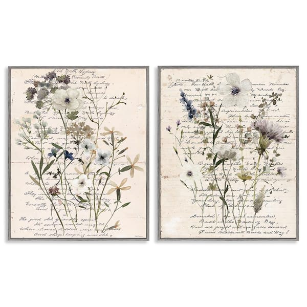 Stupell Industries Vintage Letters with Botanicals by Carol Robinson 2-Pieces Gray Framed Nature Giclee Art Print 14 in. x 11 in.