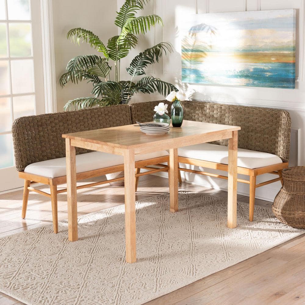 Denver Natural Seagrass and Acacia Wood 3-Piece Dining Nook Set