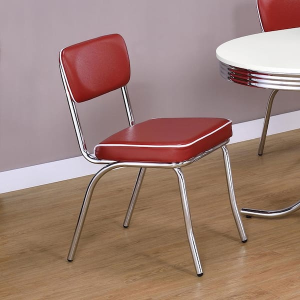 Retro Chrome and Red Faux Leather Back Cushion Side Chairs (Set of 2)