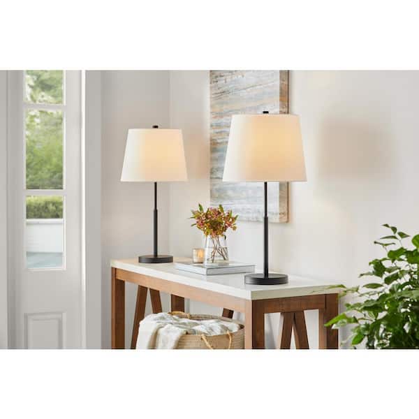 Hampton Bay Warrington 24.5 in. Black Table Lamp Set with White Fabric Shades and (Set of 2)