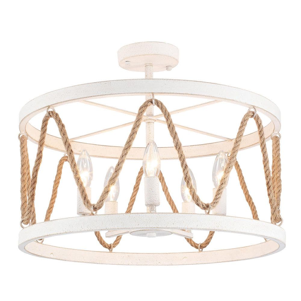 19.68 in. 5 Light Farmhouse Boho Semi Flush Mount Ceiling Light Antique White Drum Light Fixture with Hemp Rope price history on PriceWatchPro