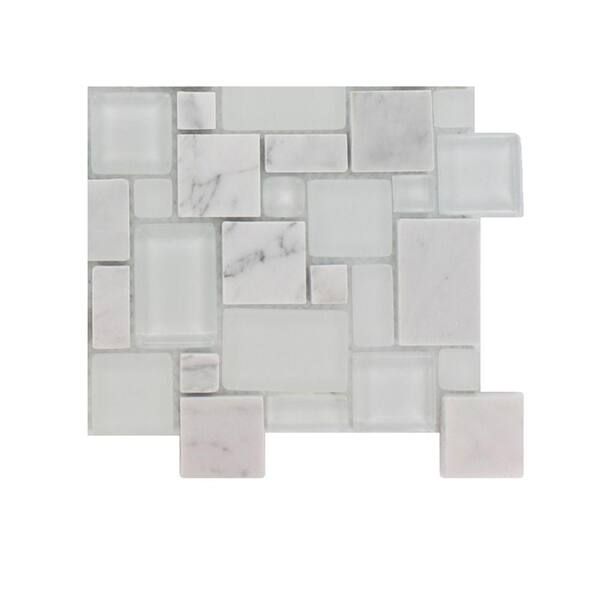 Splashback Tile Tetris Carrera Ice Parisian Pattern Glass Mosaic Floor and Wall Tile - 3 in. x 6 in. x 8 mm Tile Sample