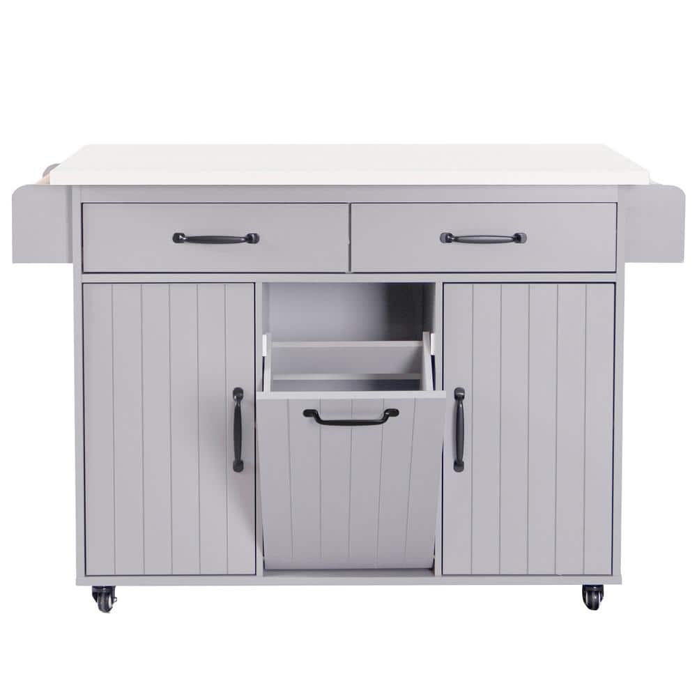 Gray Outdoor Kitchen IslandStorage Islandwith Drop Leaf, Trash Can Storage 