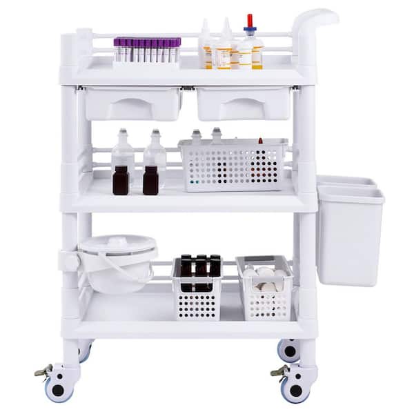 3-Tiers, White, Plastic with PP Material, Lab Utility Cart with 3-Trays and 4-Silent Wheels