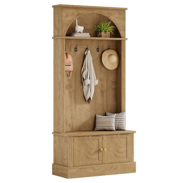 Carmalita Brown 70.86 in. Tall Hall Tree Coat Rack with Entryway Bench, Shoe Storage, 5 Double Hooks & Adjustable Shelf