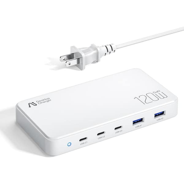5 ft. Extension Cord, USB Charging Station 120-Watt 3 USB C 2 USB A Gan Charging Hub 5-Ports for Multiple Device, White