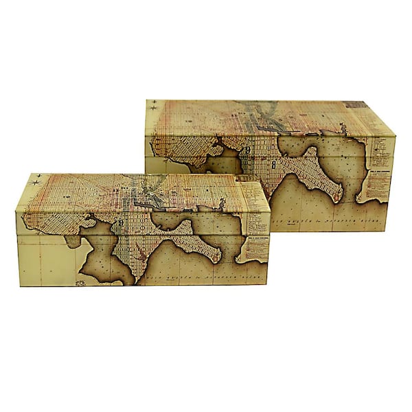 THREE HANDS 13.75 in. x 6.75 in. Glass Map Boxes in Yellow (Set of 2)
