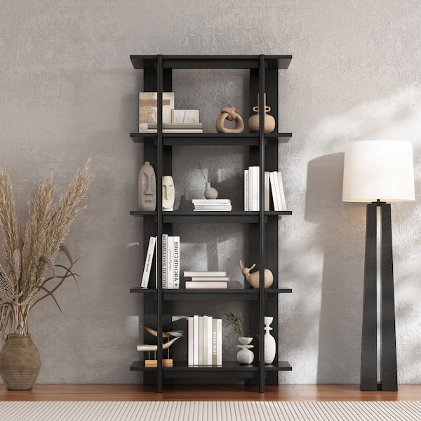 Olga 70.2 in. Tall Ebonized Finish Wood 4-Shelf Standard Bookcase Modern Display Bookshelf with Open Back Storage