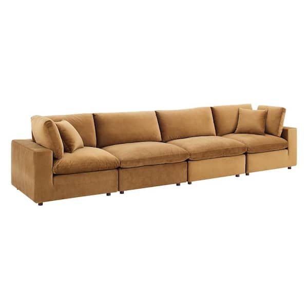 MODWAY Commix Down Filled Overstuffed Performance Velvet 4-Seater Sofa in Cognac