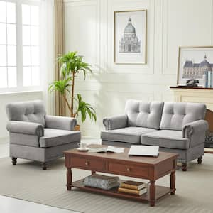 Modern 2-Piece Grey Polyester Nailhead Trim Flared Arm Tufted Back Sofa Set Chair and Loveseat Sofa Living Room Set