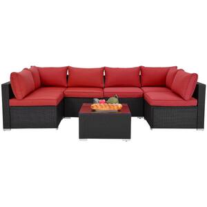 7-Pieces Wicker Patio Furniture Sets with Coffee Table and Red Couch Cushions