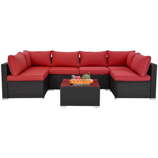 DIRECT WICKER 7-Pieces Wicker Patio Furniture Sets with Coffee Table and Red Couch Cushions