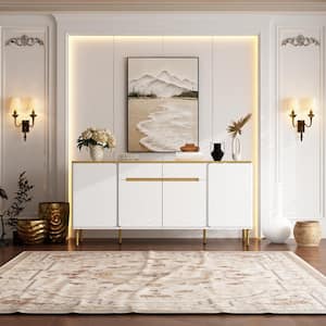 White and Golden 2-Drawers 63 in. W Wooden Dresser Without Mirror, Storage Cabient with 4-Doors and 6-Shelves