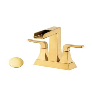 Mondawell Open Waterfall 4 in. Centerset Double-Handle Low Arc Bathroom Faucet with Drain in Brushed Gold