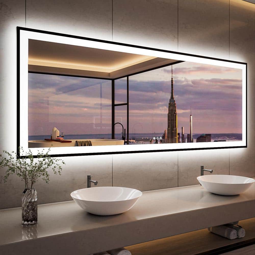 Apmir 84 in. W x 32 in. H Rectangular Space Aluminum Framed Dual Lights Anti-Fog Wall Bathroom Vanity Mirror in Tempered Glass, Matte Black -  L001B21380