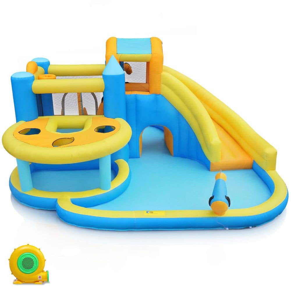 Oxford Cloth Inflatable Castle Bounce House in Blue and Yellow with Curved Slide, Whack-A-Mole & Water Play Function price history on PriceWatchPro