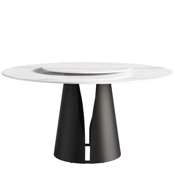Magic Home 59.05 in. Round White Rotary Lazy Susan Sintered Stone Top Black Carbon Steel Pedestal Dining Table (Seats-8)
