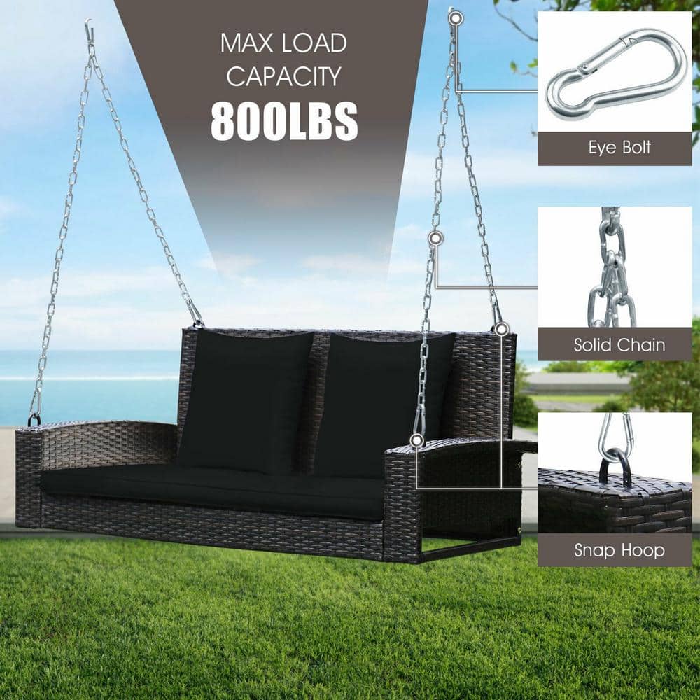 Black Wicker 2-Person Patio Swing with Cushions