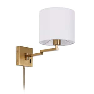 8 in. 1-Light Aged Brass Transitional Wall Sconce with White Fabric Shade