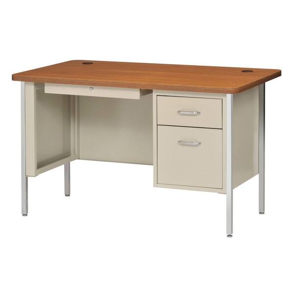 Sandusky 600 Series 29.5 in. H x 60 in. W x 30 in. D Single Pedestal Steel Desk in Putty/ Medium Oak