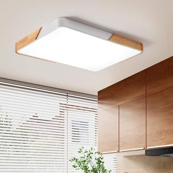 Lumin 34.6 in. W White & Wood Integrated LED Flush Mount Minimalist Rectangular Ceiling Light for Living Room