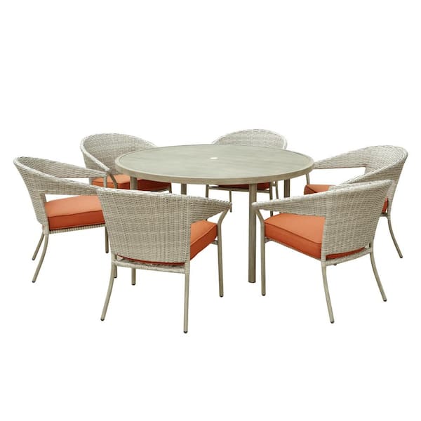 Pacific Casual Brook Hill 7-Piece Metal and Wicker Round Outdoor Dining Set with Orange Cushion