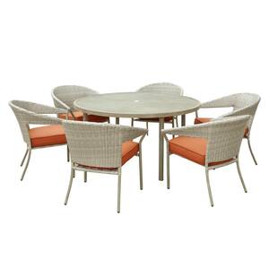 Brook Hill 7-Piece Metal and Wicker Round Outdoor Dining Set with Orange Cushion