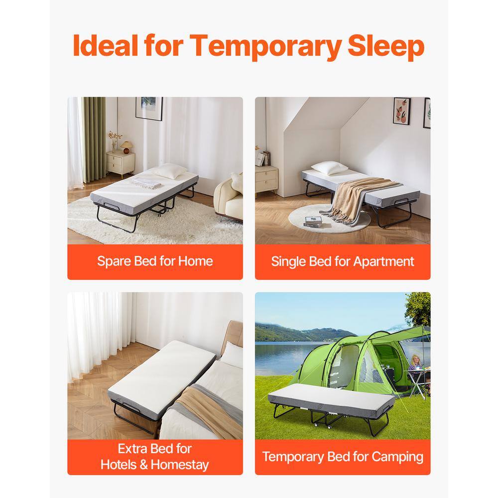 Twin Size Black Metal Rollaway Bed with White Foam Mattress