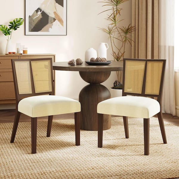 CHRISTOPHER KNIGHT HOME Sinclair Modern Upholstered Dining Chairs with Cane Webbing, Rubberwood, Walnut plus Beige(Set of 2)