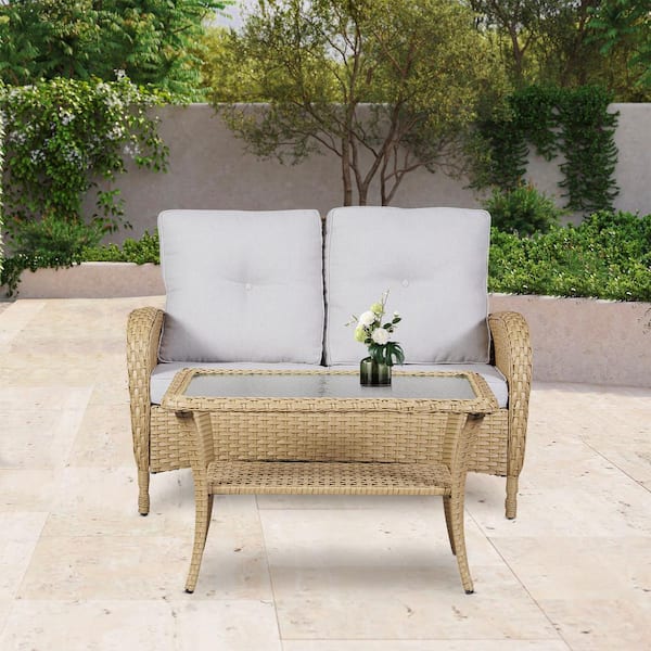 Opohoro PlainCurve 2-Piece Yellow Wicker Outdoor Loveseat and Coffee Table Set with Beige Cushions