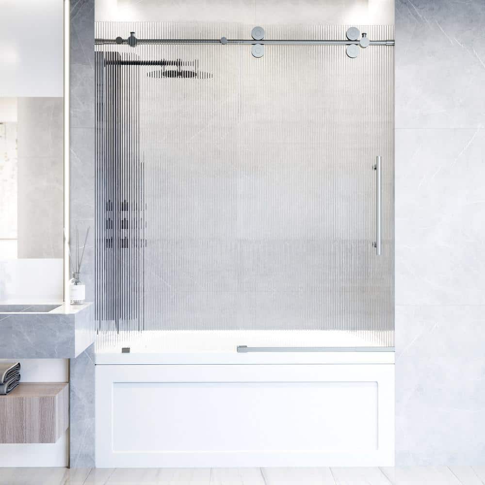 Elan Frameless Sliding Tub Door in Stainless Steel with Fluted Glass