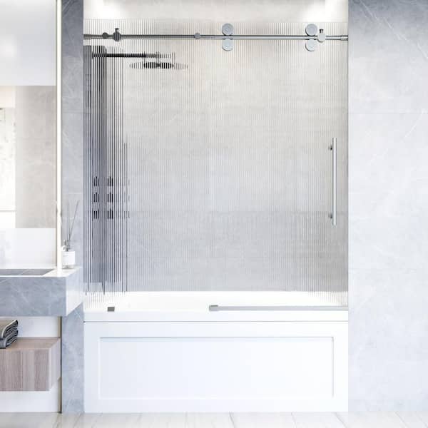 VIGO Elan 56 to 60 in. W x 66 in. H Sliding Frameless Tub Door in Stainless Steel with 3/8 in. (10mm) Fluted Glass
