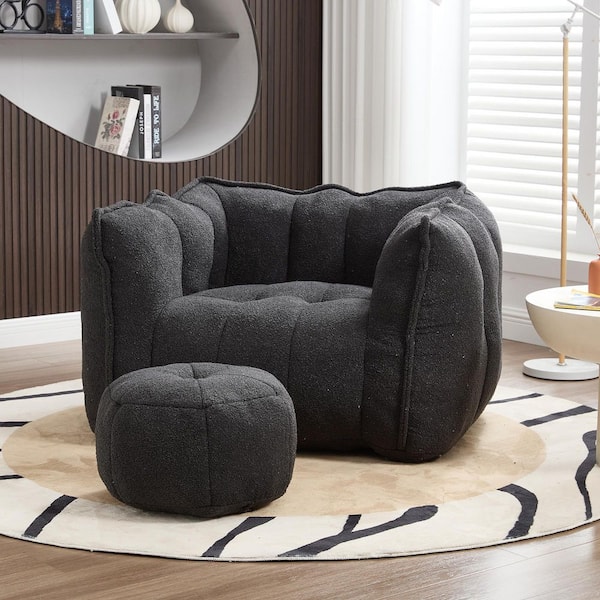 Black Chenille Polyester Soft Bean Bag Chair with High Resilient Foam for Living Room and Bedroom
