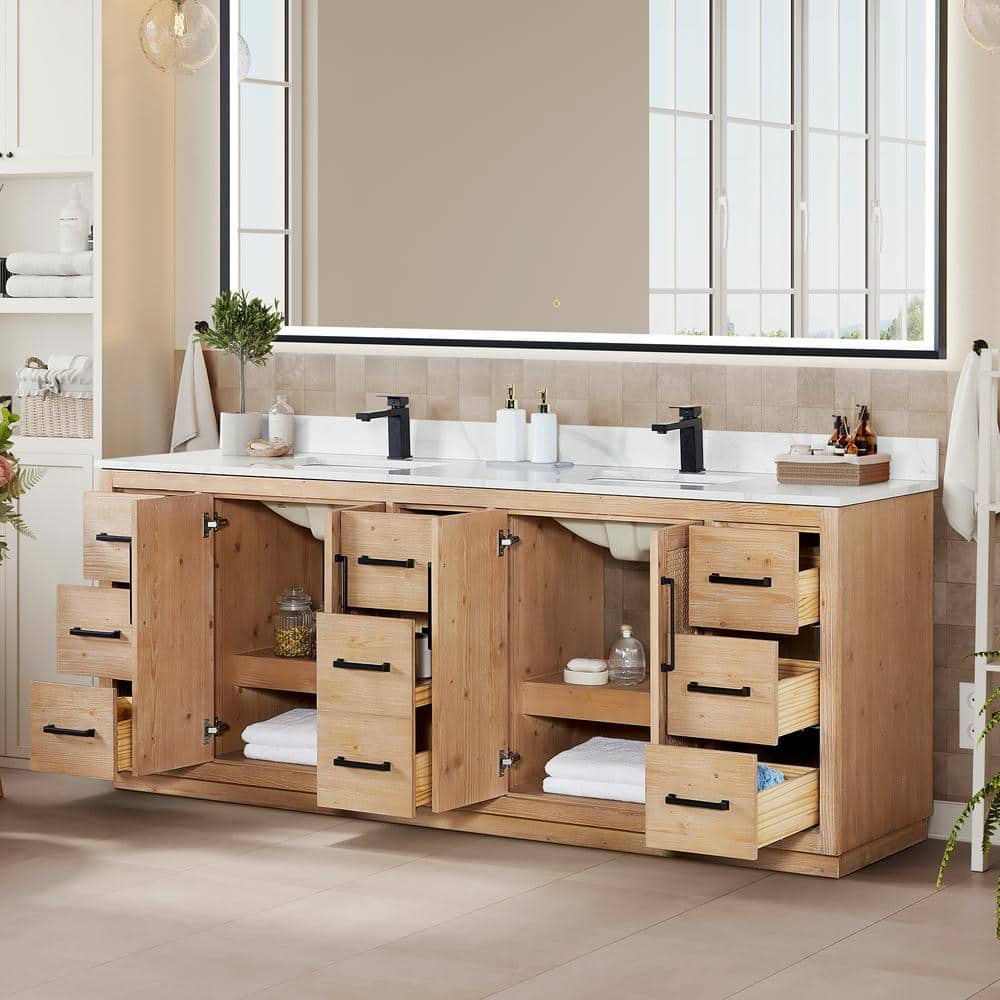 Floral Light Brown Double Sink Freestanding Vanity with White Quartz Top