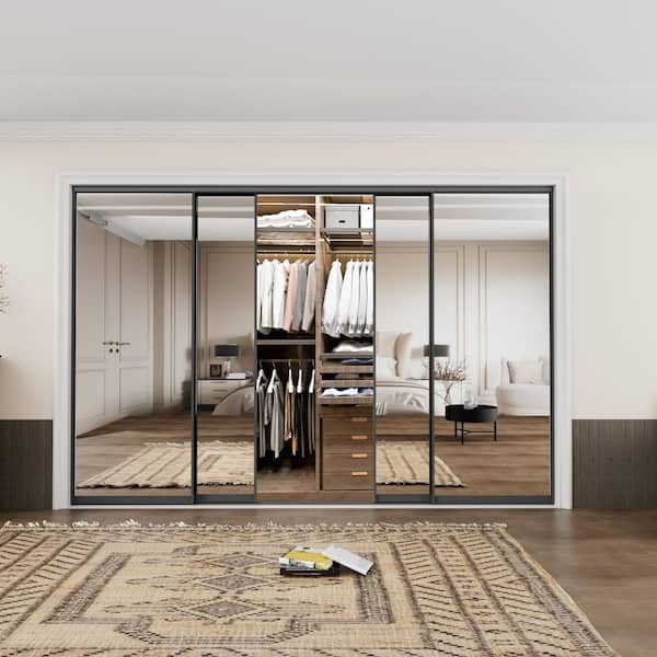 120 in. x 80 in. 1-Lite Black Mirrored Glass and Aluminum Frame Finished Closet Sliding Door with Hardware Kit